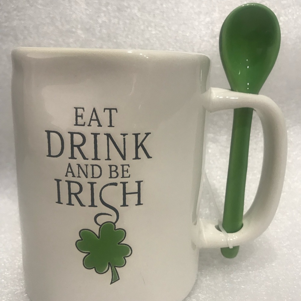 White Mug with Green Spoon - Eat Drink and Be Irish brand new